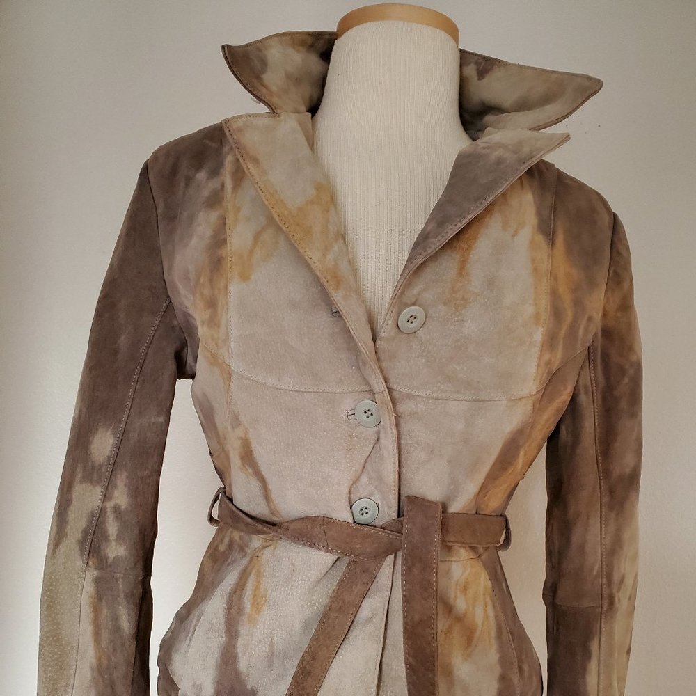 vintage hippie boho Leather jacket tie dyed small Medium tan gray beige cowgirl